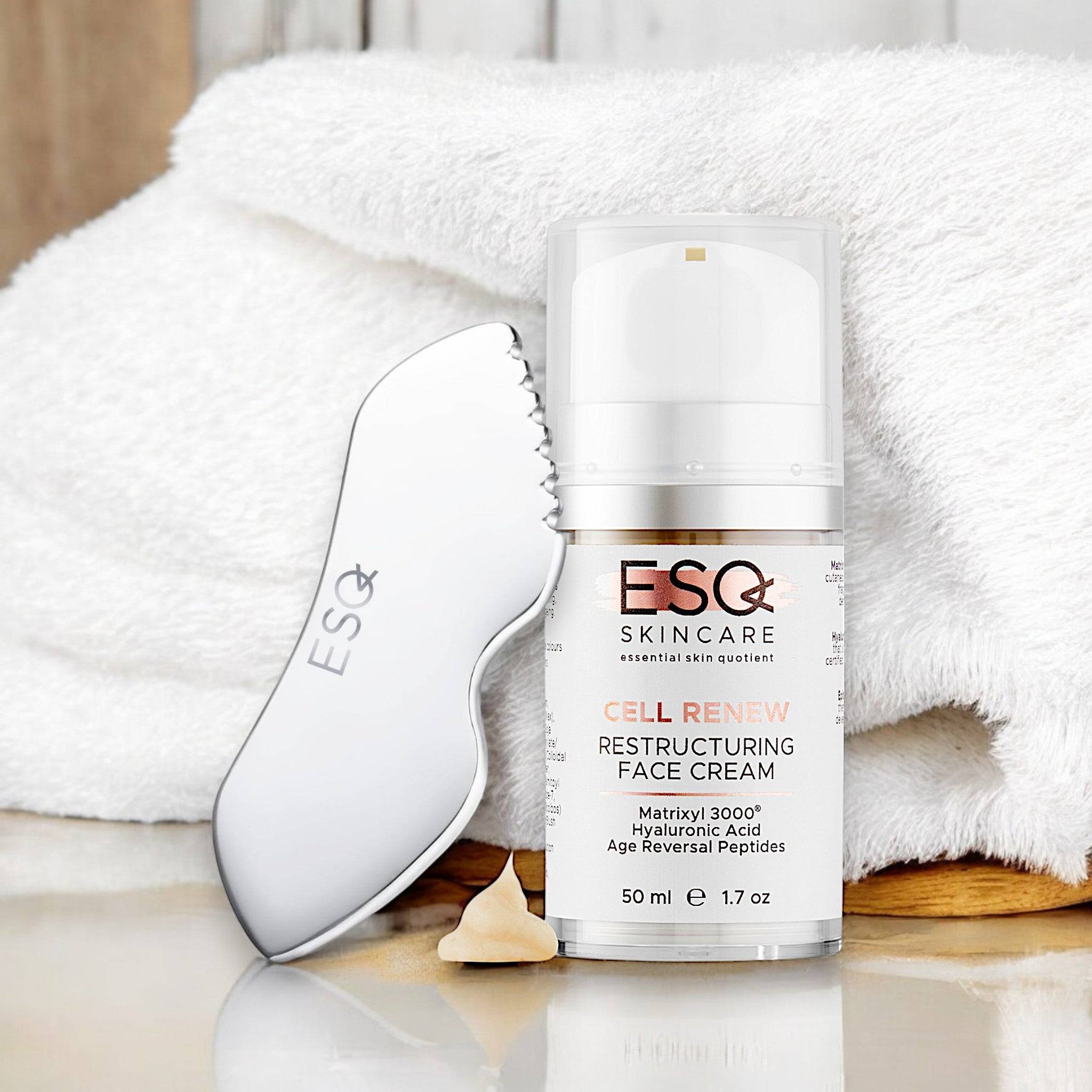 Firm & Glow Power Pair gift set featuring Cell Renew Restructuring Face Cream with Matrixyl 3000 and a sleek face massage tool for anti-aging skin care.